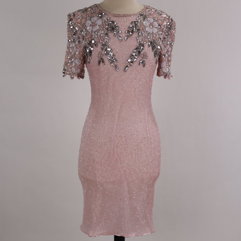 🌺 Vtg Stenay NWOT Pink Sequin Beaded Rhinestone Party Cocktail Wedding Dress S - Picture 7 of 13